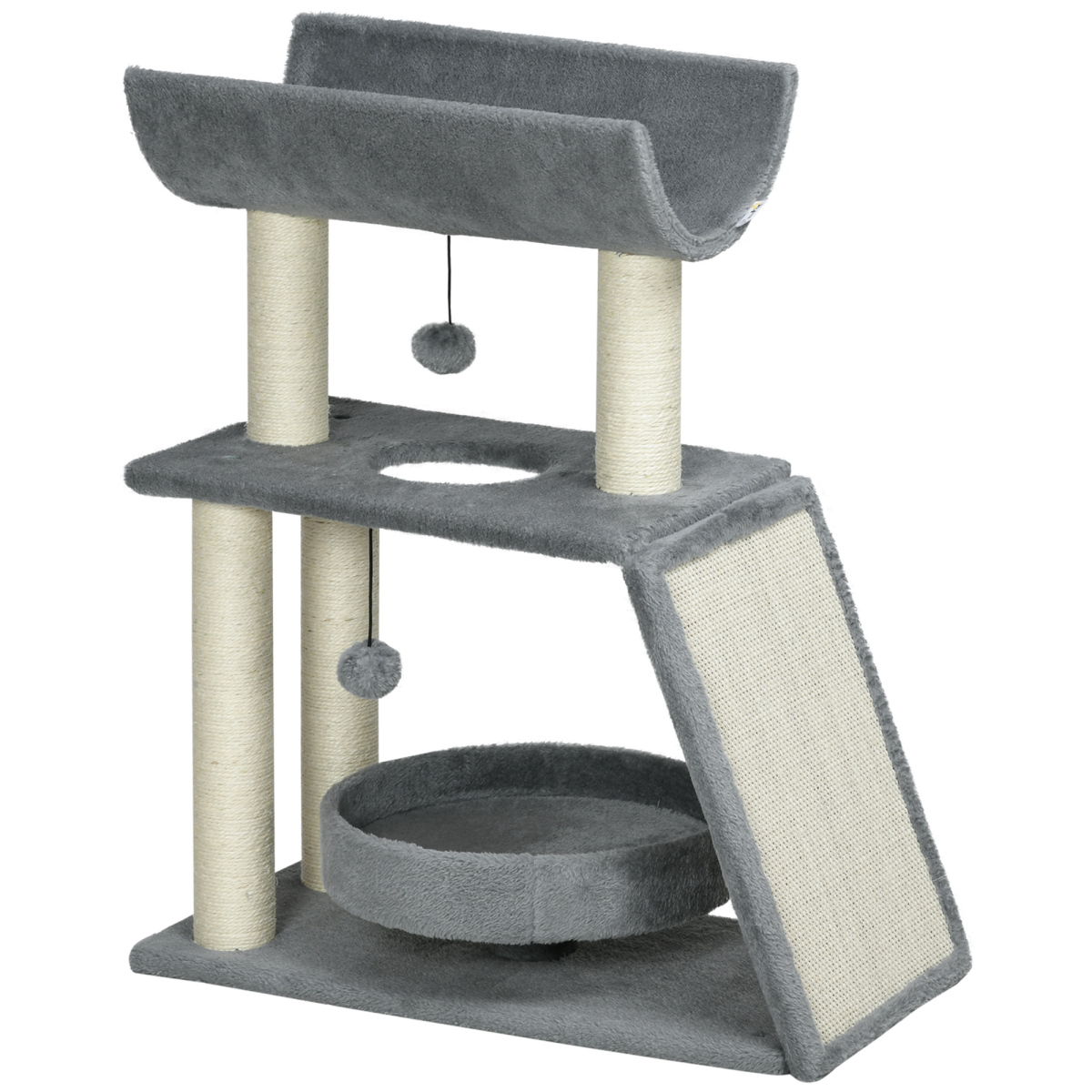 PawHut Light Grey Indoor Cat Tree Tower with Scratching Posts & Toy Ball