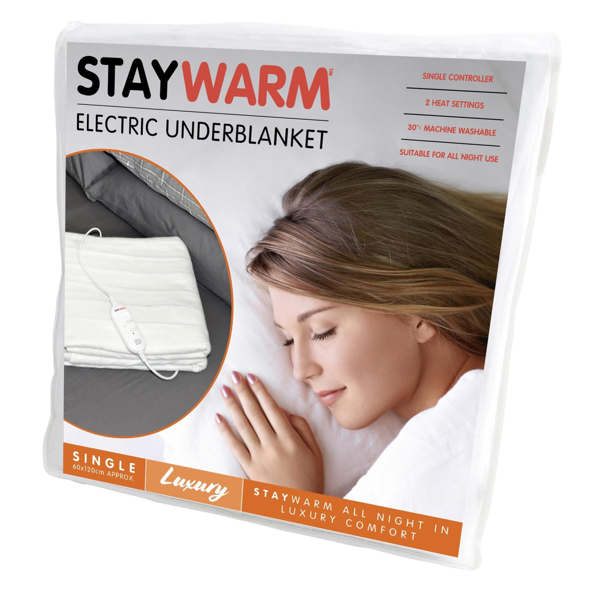Staywarm Single Size Luxury Quality Electric Underblanket with Detachable Controller, 2 Heat Settings, 60 x 120 cm