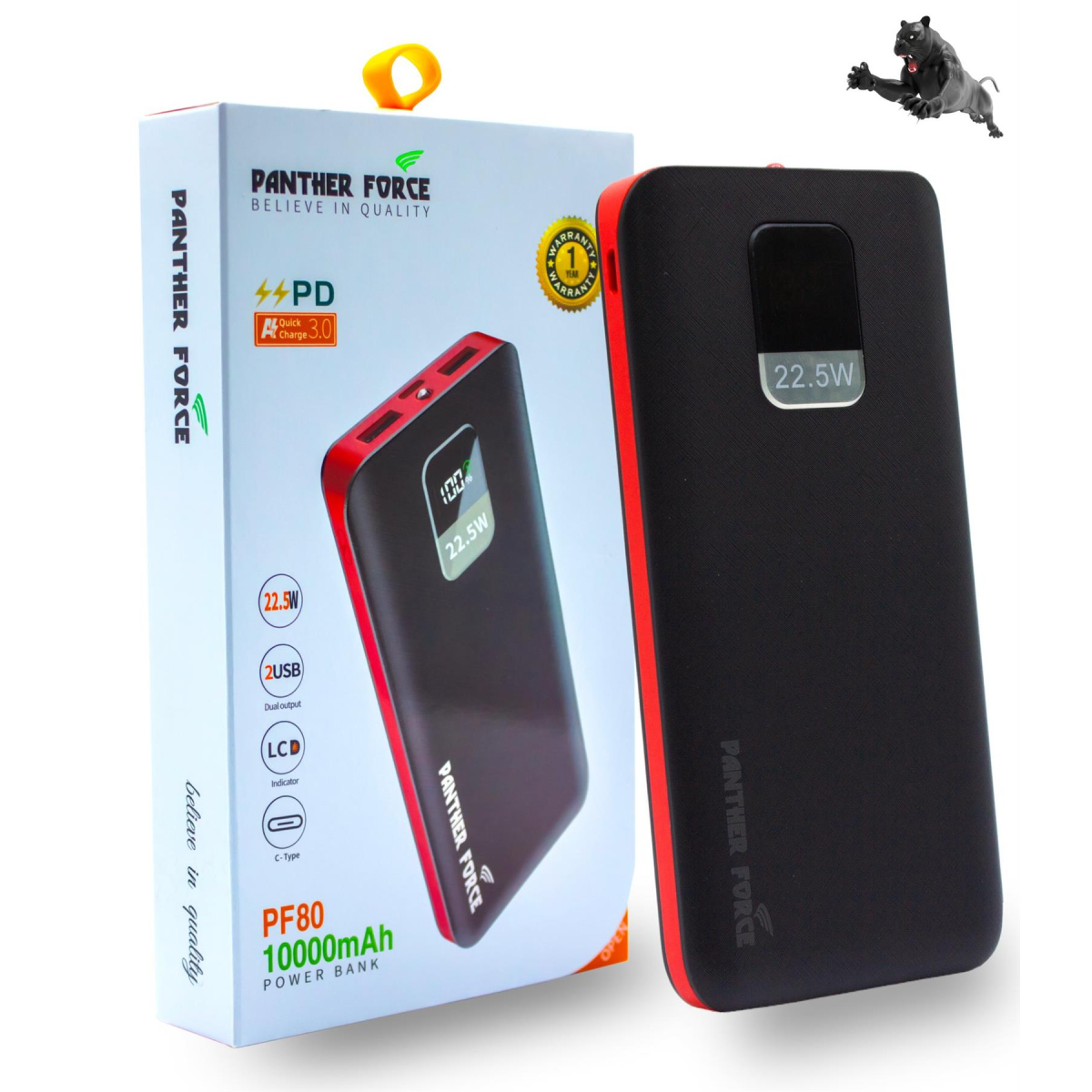 Panther Force 10000mAh Power Bank, 22.5W Fast Charging, LCD Battery Indicator, 2 USB Ports, Type C Input, for iPhone and Android