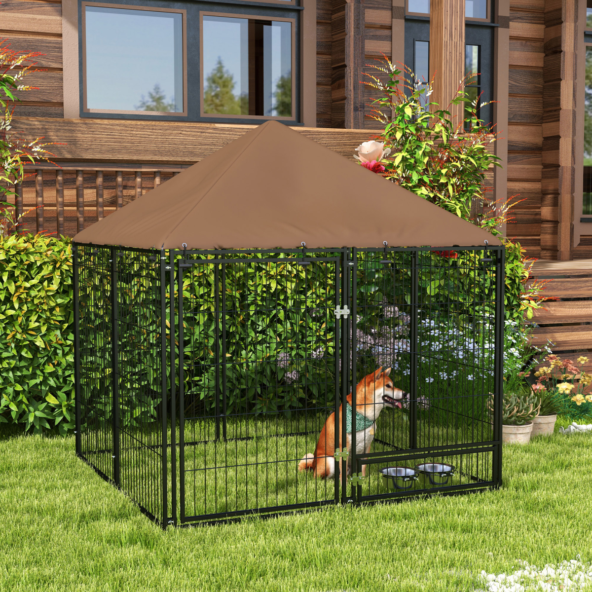 Outdoor Dog Playpen with Roof and Bowls, Metal and Oxford Cloth