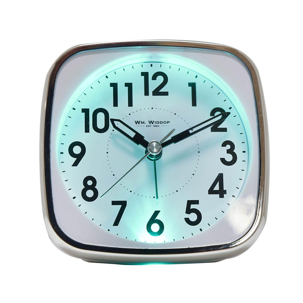 William Widdop Square Alarm Clock with Sweep, Light and Snooze - White and Silver