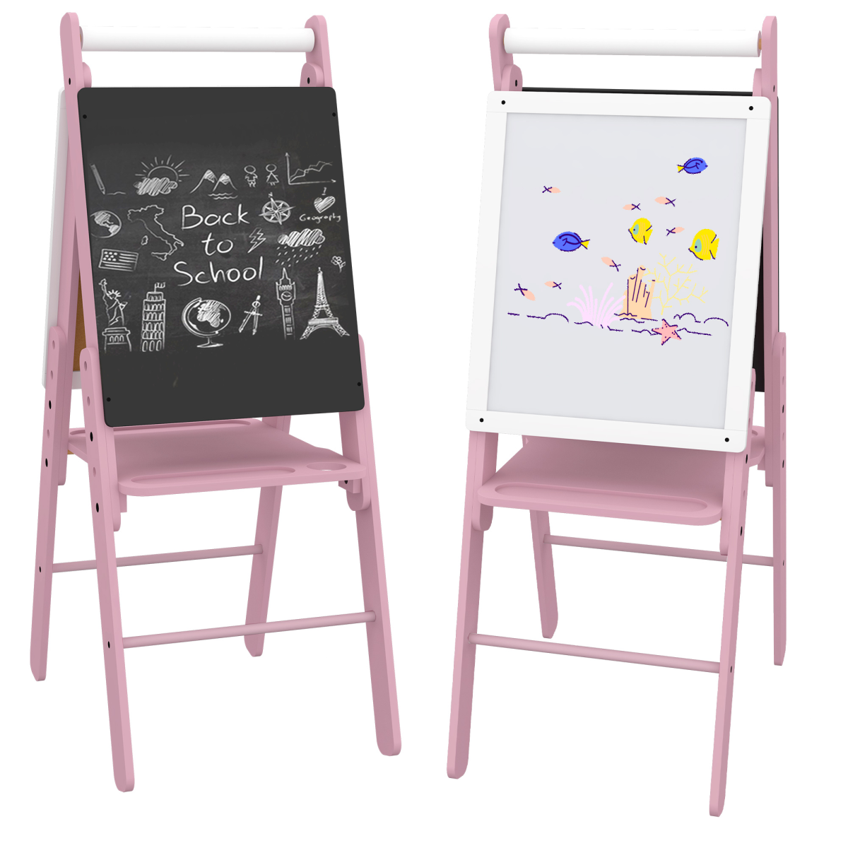 AIYAPLAY Kids Double-Sided Easel Whiteboard & Chalkboard with Paper Roll