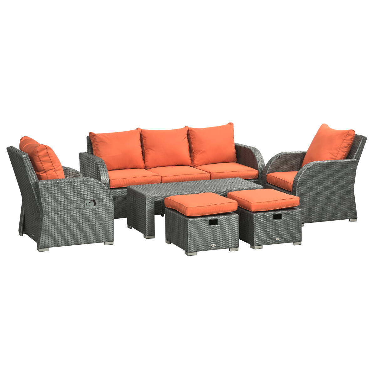 Outsunny 6 Piece Outdoor Rattan Wicker Patio Furniture Set with 3 Seat Sofa, 2 Reclining Armchairs, 2 Footstools and Table