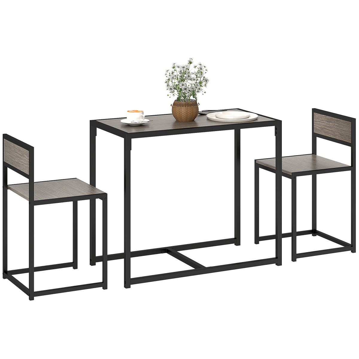 HOMCOM 3-Piece Dining Table Set, Steel Frame, Grey Wood-Effect