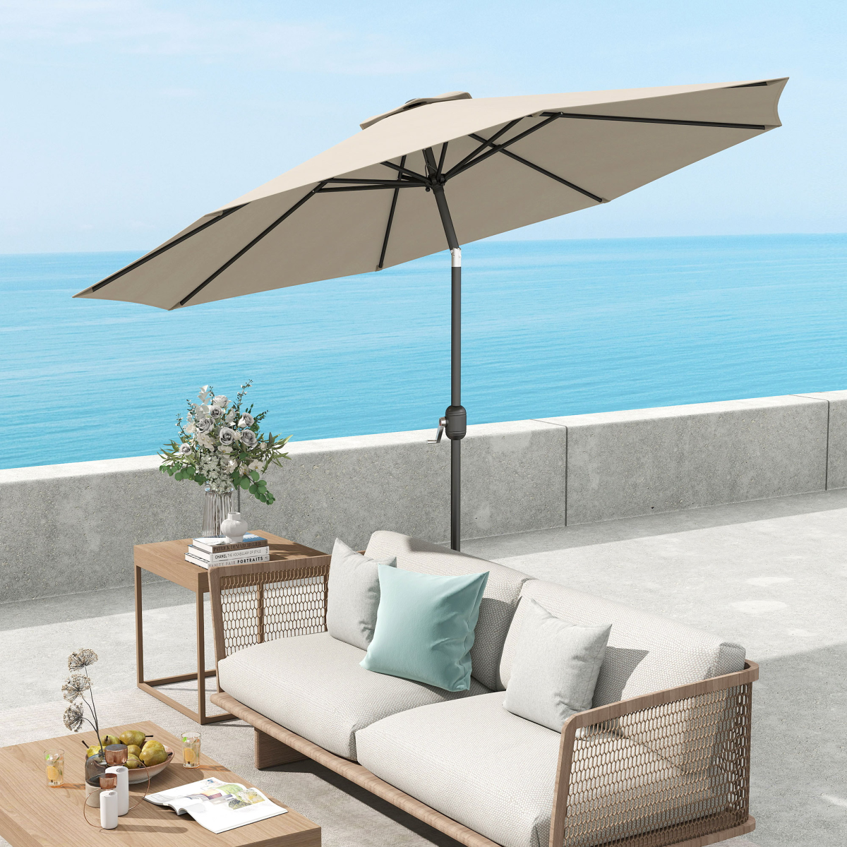 10 Ft Round Patio Umbrella with Crank Tilt, Steel Frame, Polyester Fabric