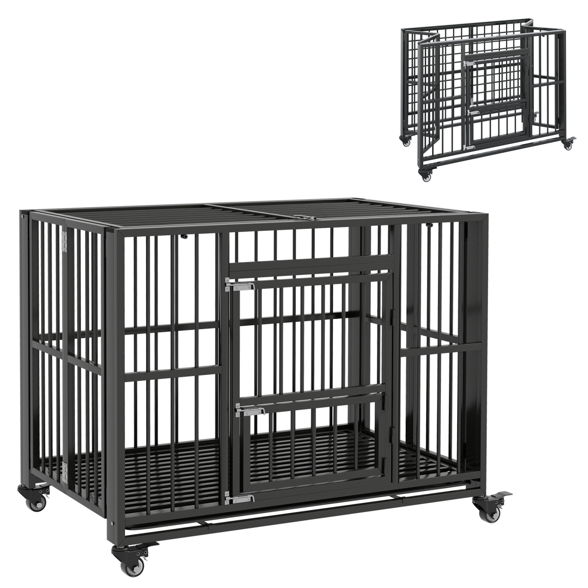 PawHut Foldable Heavy Duty Dog Crate with Locks, Tray & Wheels