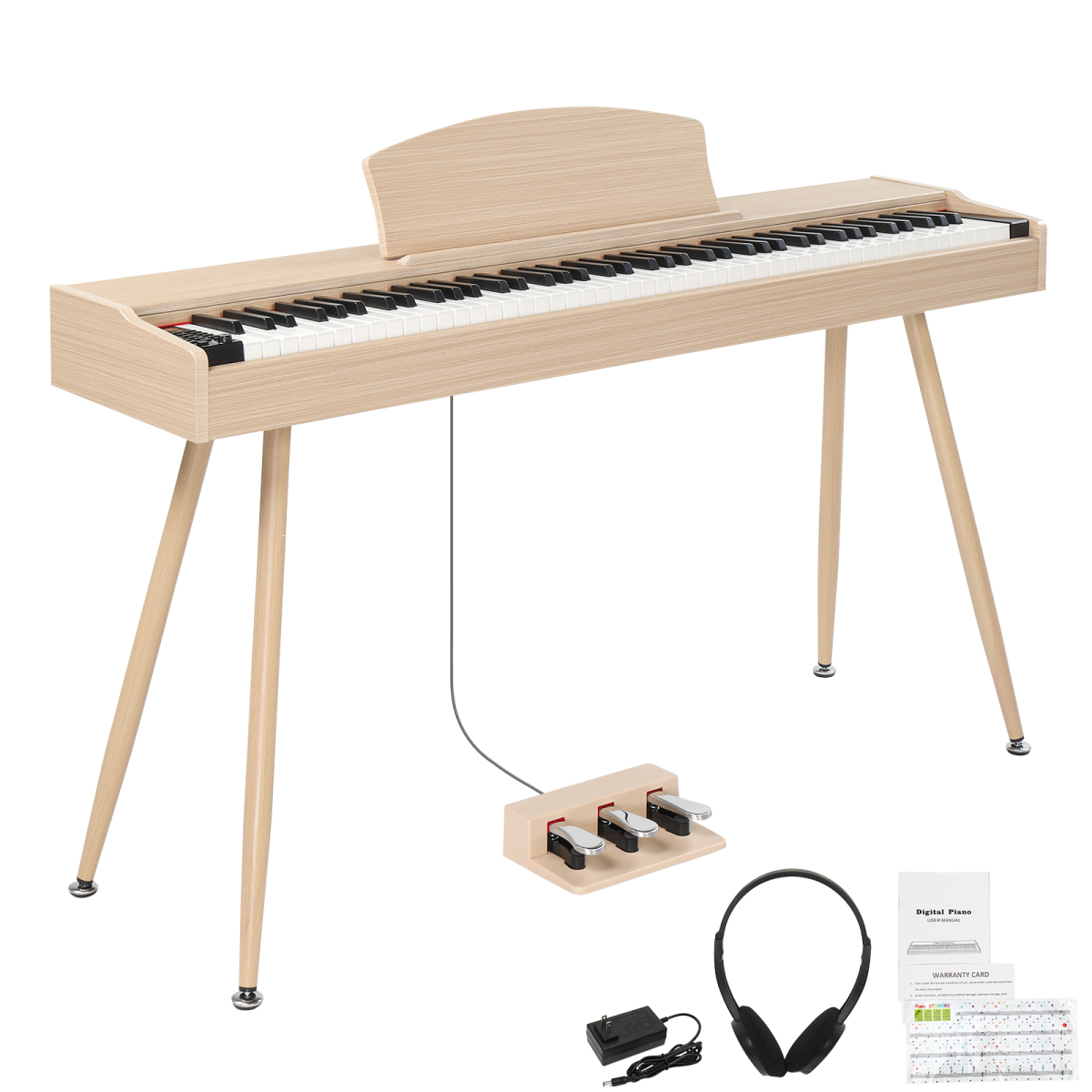Glarry GDP-203 88-Key Full Weighted Digital Piano with Metal Stand, Power Adapter, Triple Pedals, and Headphone - Natural Technology Wood Color