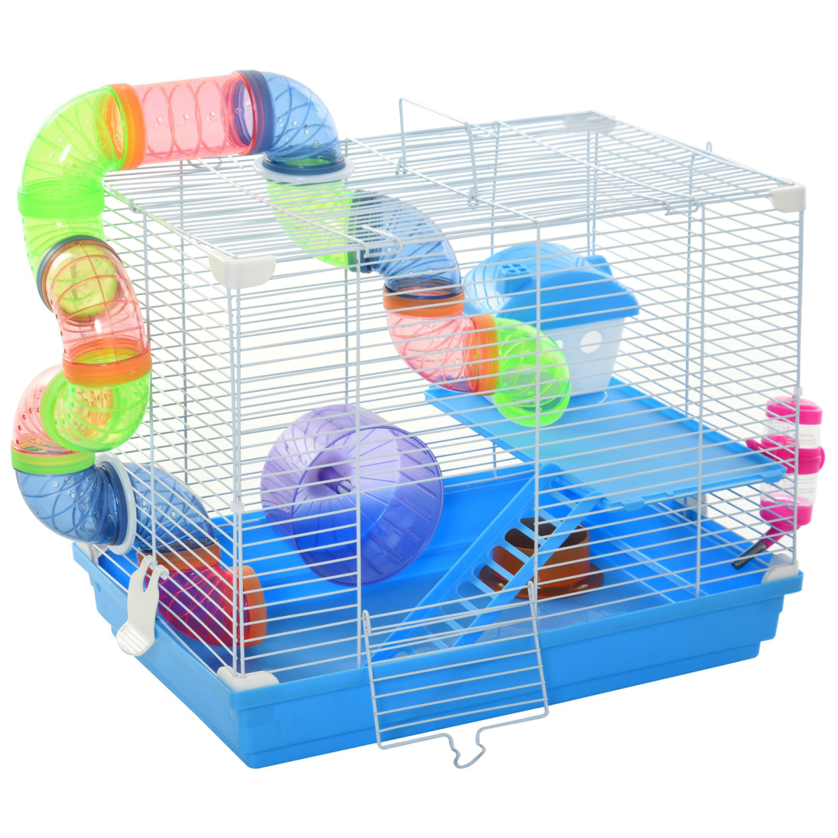 Pawhut Hamster Cage Carrier with Exercise Wheel, Tunnel Tube, Ladder and House