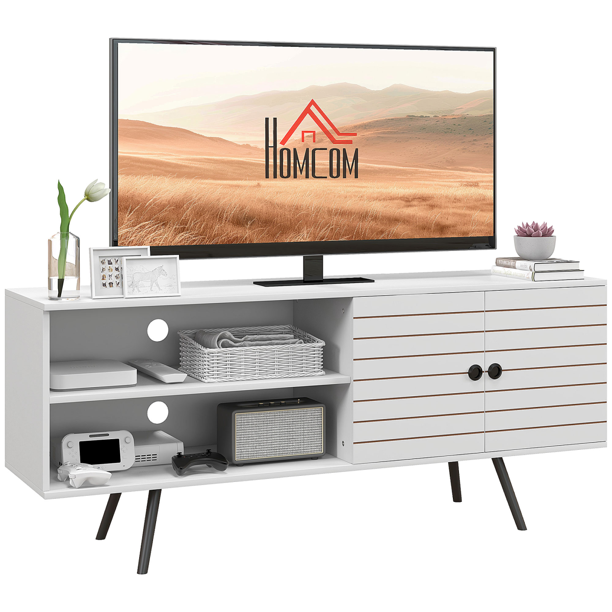 HOMCOM White TV Unit for 65" TVs with 2 Shelves, Door & Cable Holes