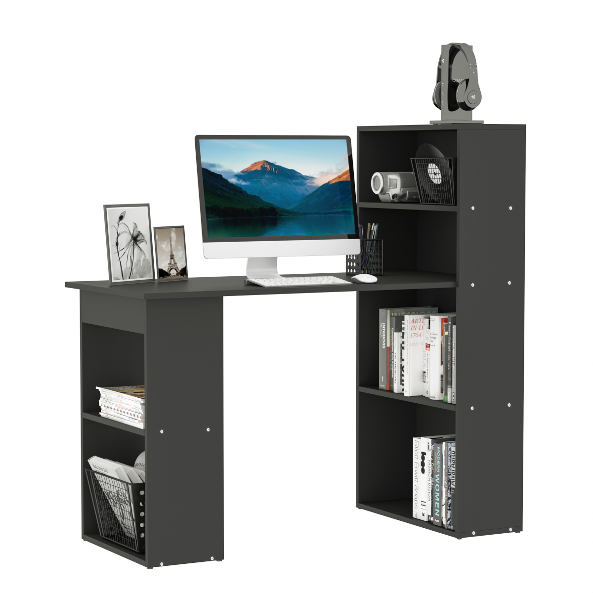 HOMCOM Computer Desk, 120 x 55 x 120 cm, Black, Space-Saving Design with 6 Shelves and Cubby Storage