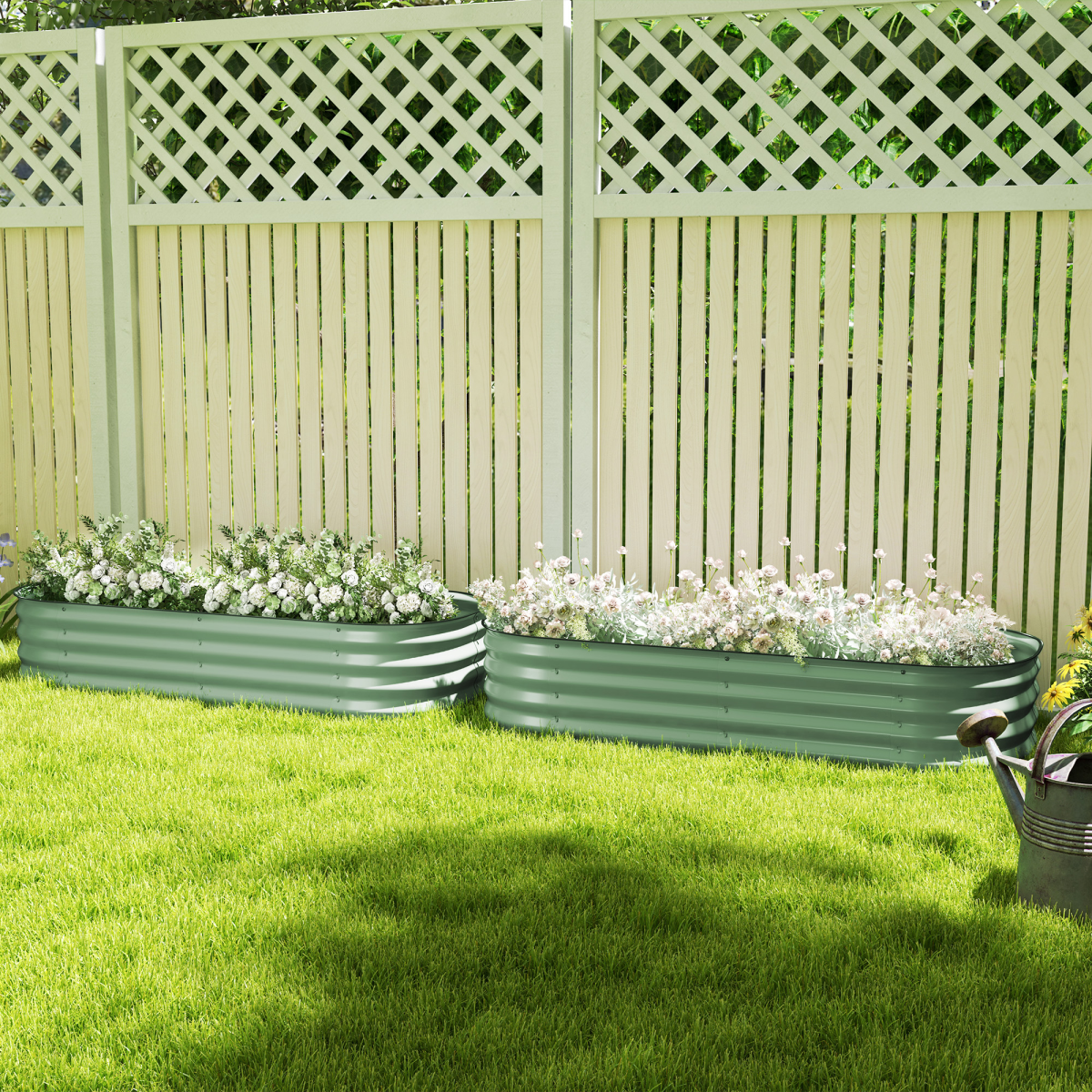 2 Piece Galvanised Steel Raised Garden Bed Planter, Adjustable Round Oval Oblong, Green