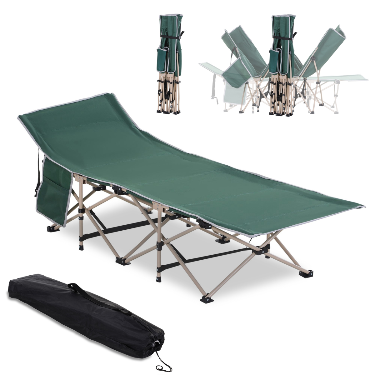 Portable Outdoor Military Camping Cot with Steel Frame, Oxford Cloth and Side Pocket
