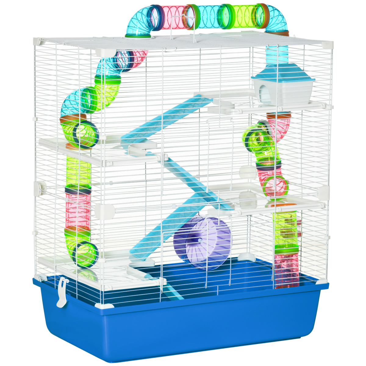 PawHut Five-Level Hamster Cage with Tubes, Water Bottle, Exercise Wheel, Ramps, Hut and Food Dish, Blue