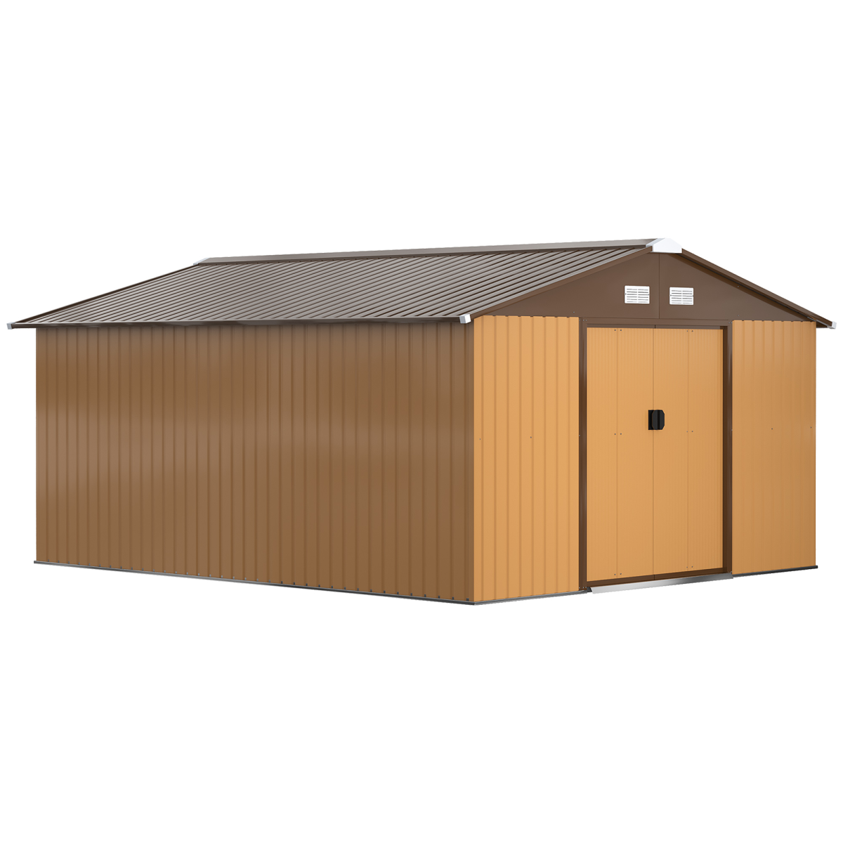 Outsunny 13ft x 11ft Metal Storage Shed with Floor Foundation, Sliding Double Doors, Light Brown