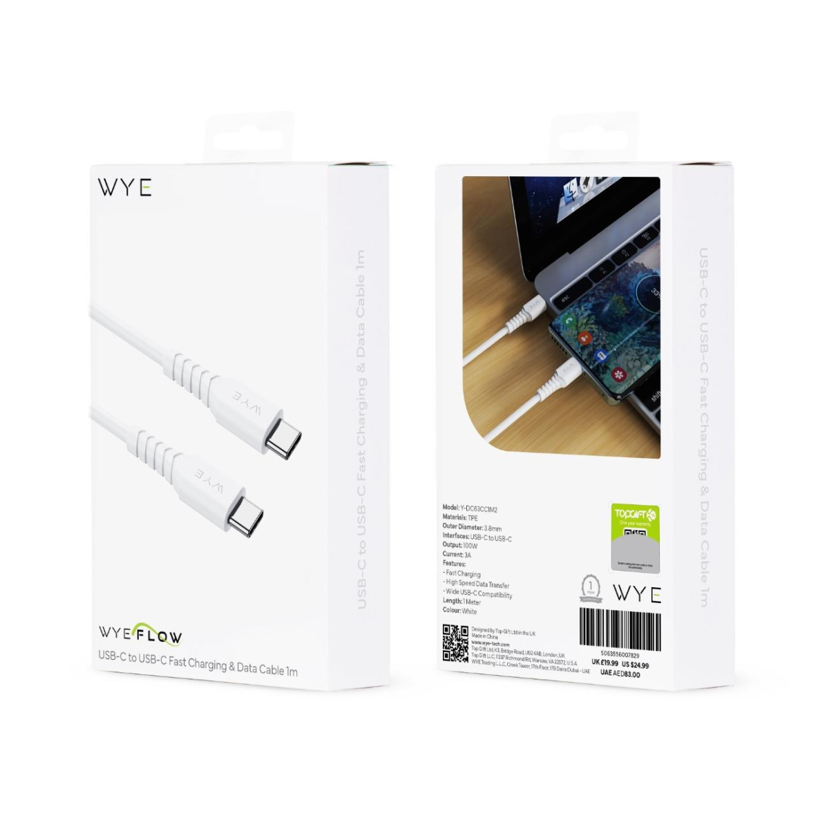 WYE USB-C to USB-C 100W Fast Charging & High Speed Data Cable 1m