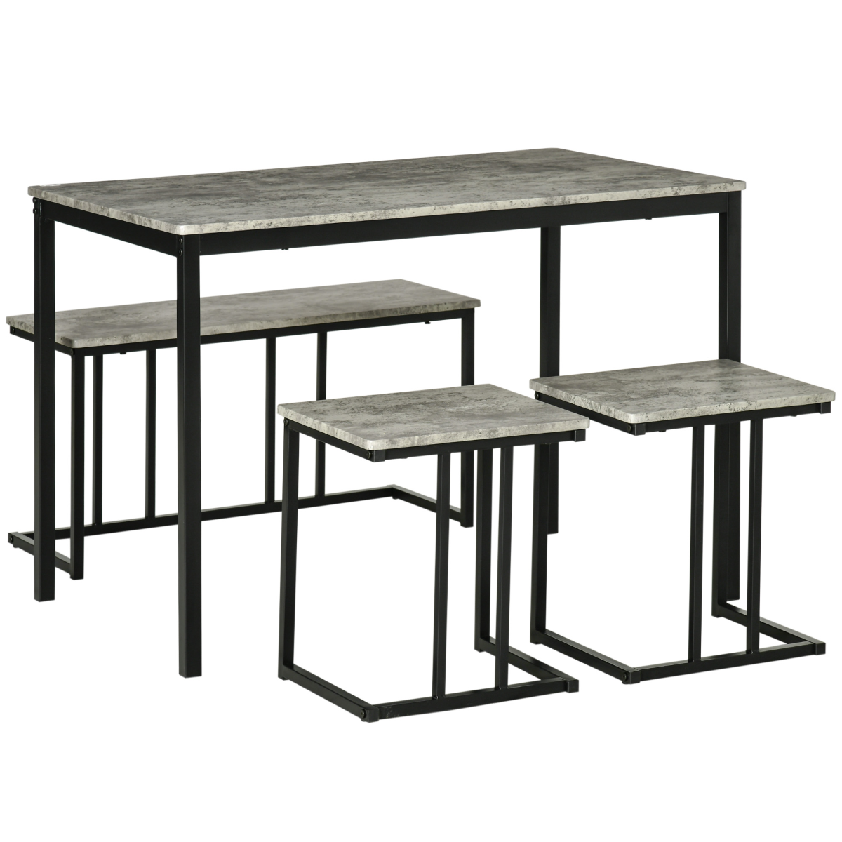 HOMCOM 4-Piece Dining Table Set for 4 People with 2 Stools and Bench, Concrete Effect Grey
