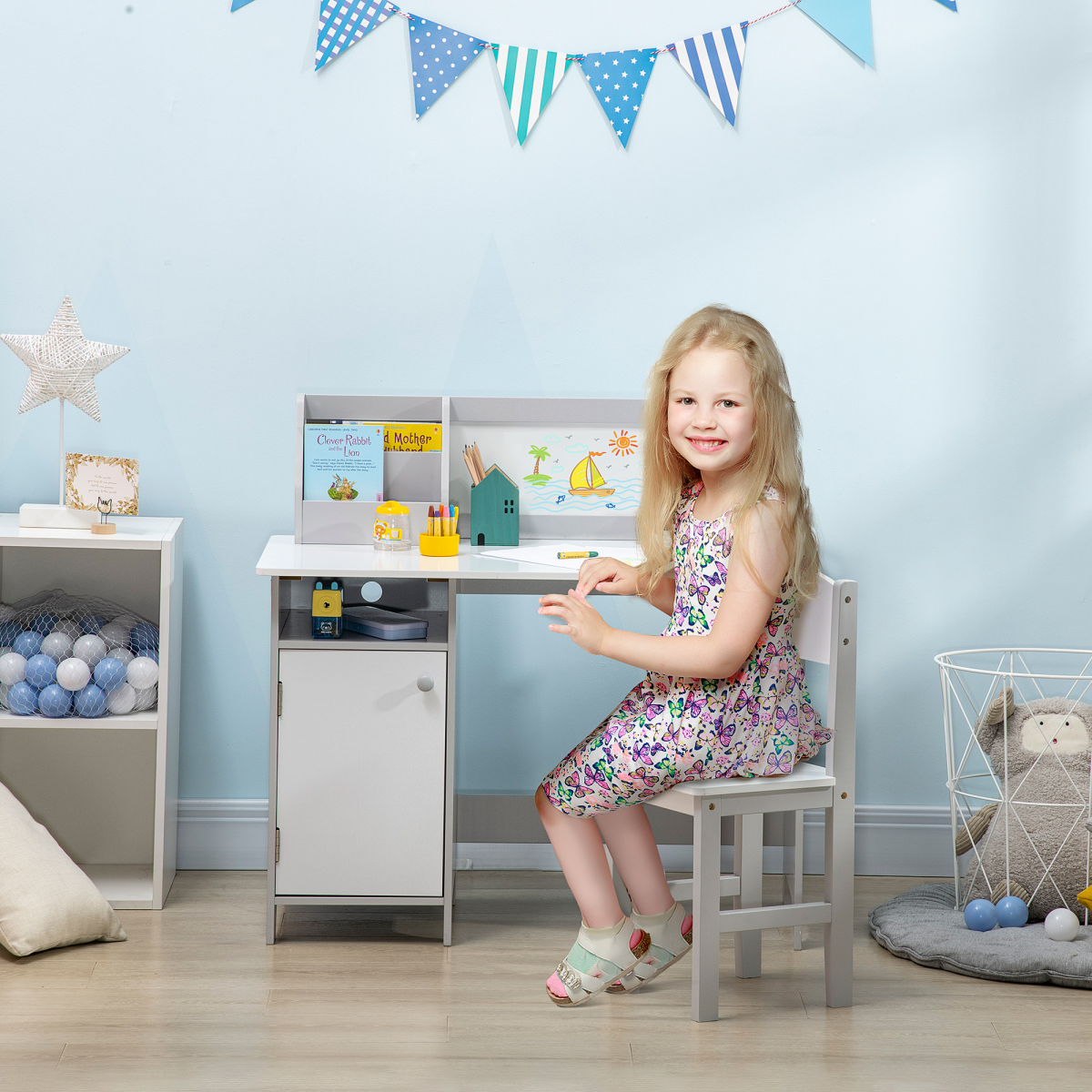 Kids Desk and Chair Set with Whiteboard and Storage Shelves
