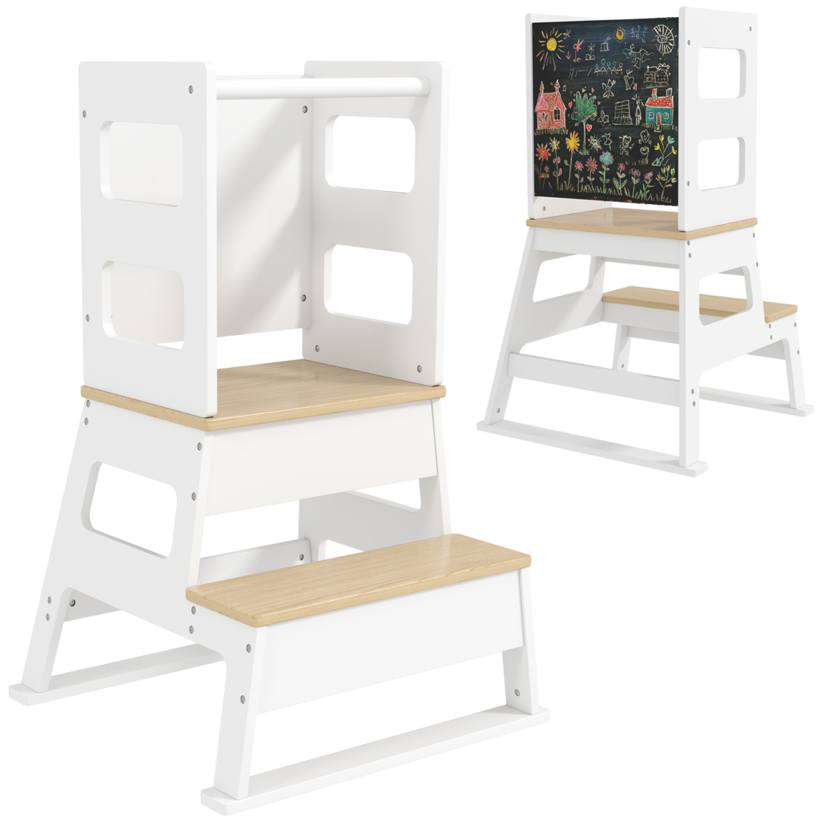 AIYAPLAY 2-in-1 Toddler Tower with Chalkboard & Safety Rail