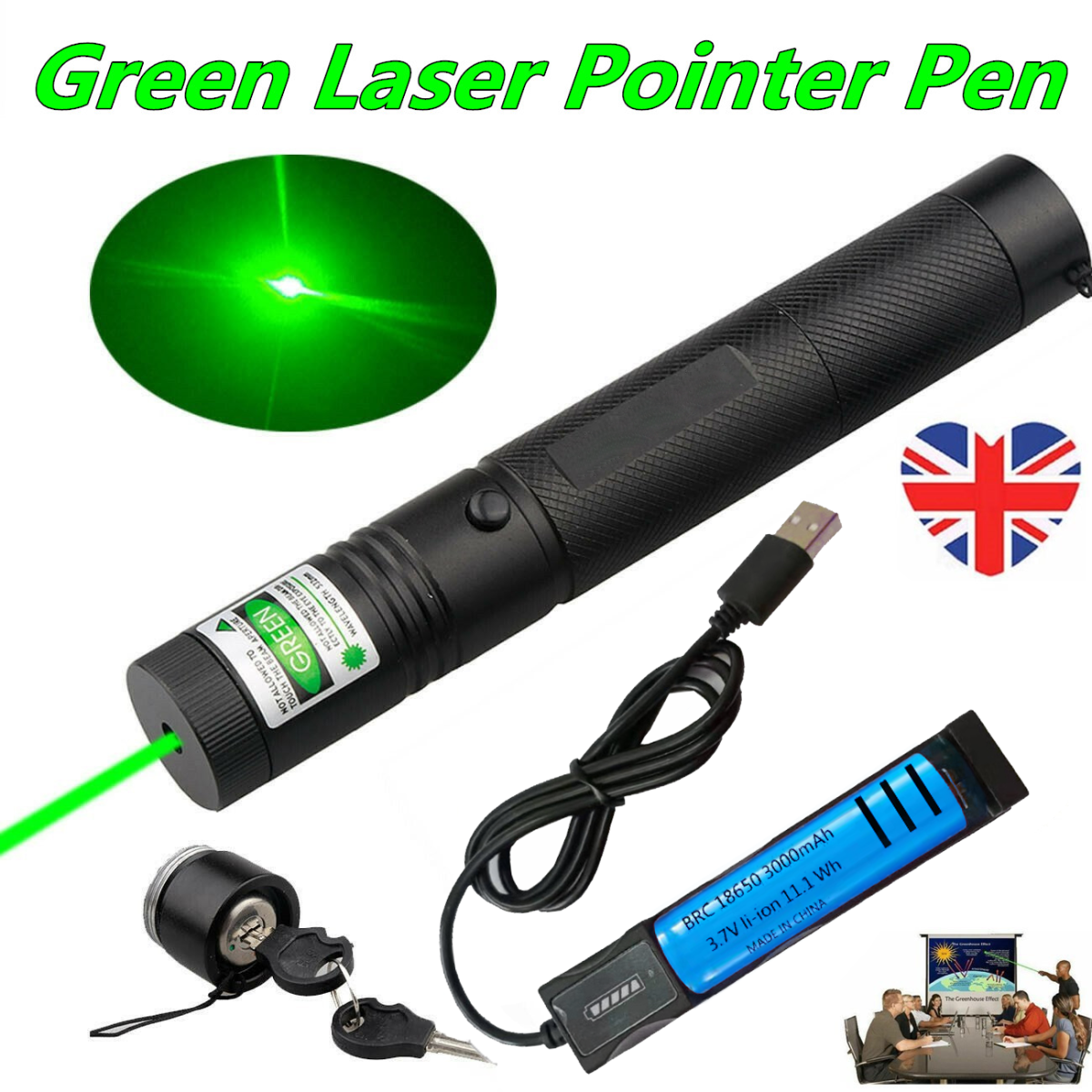 532nm Green Laser Pointer Pen, Rechargeable, Adjustable Focus, Battery and USB Charger Included, Laser Class 1