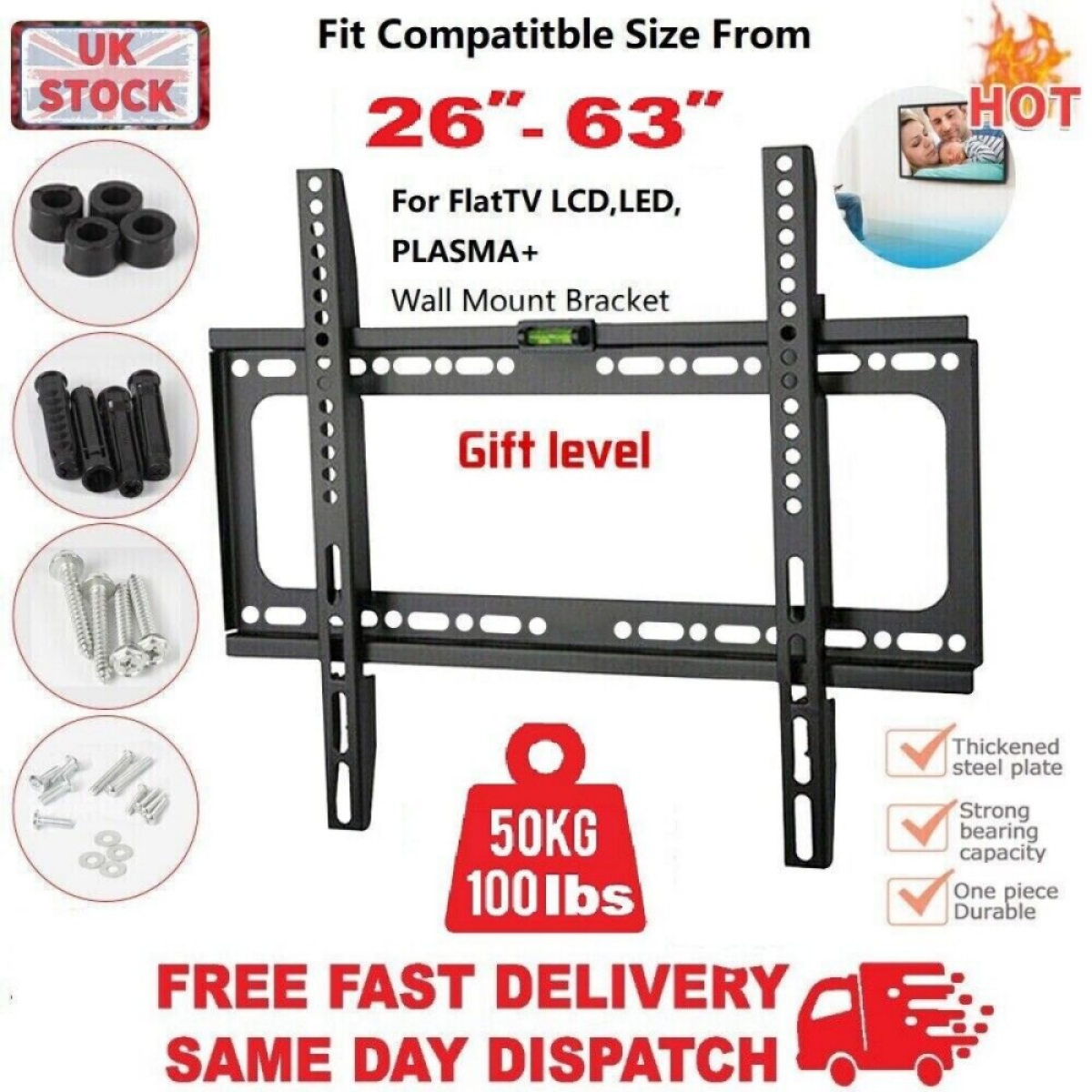 Slim TV Wall Bracket Mount for LCD LED Plasma TVs Up to 63 Inch