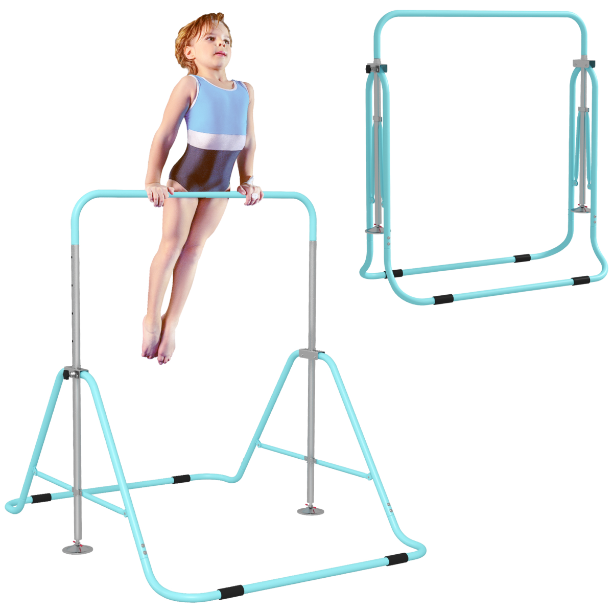HOMCOM Kids Adjustable Gymnastics Bar, Foldable Steel, Green, 3+