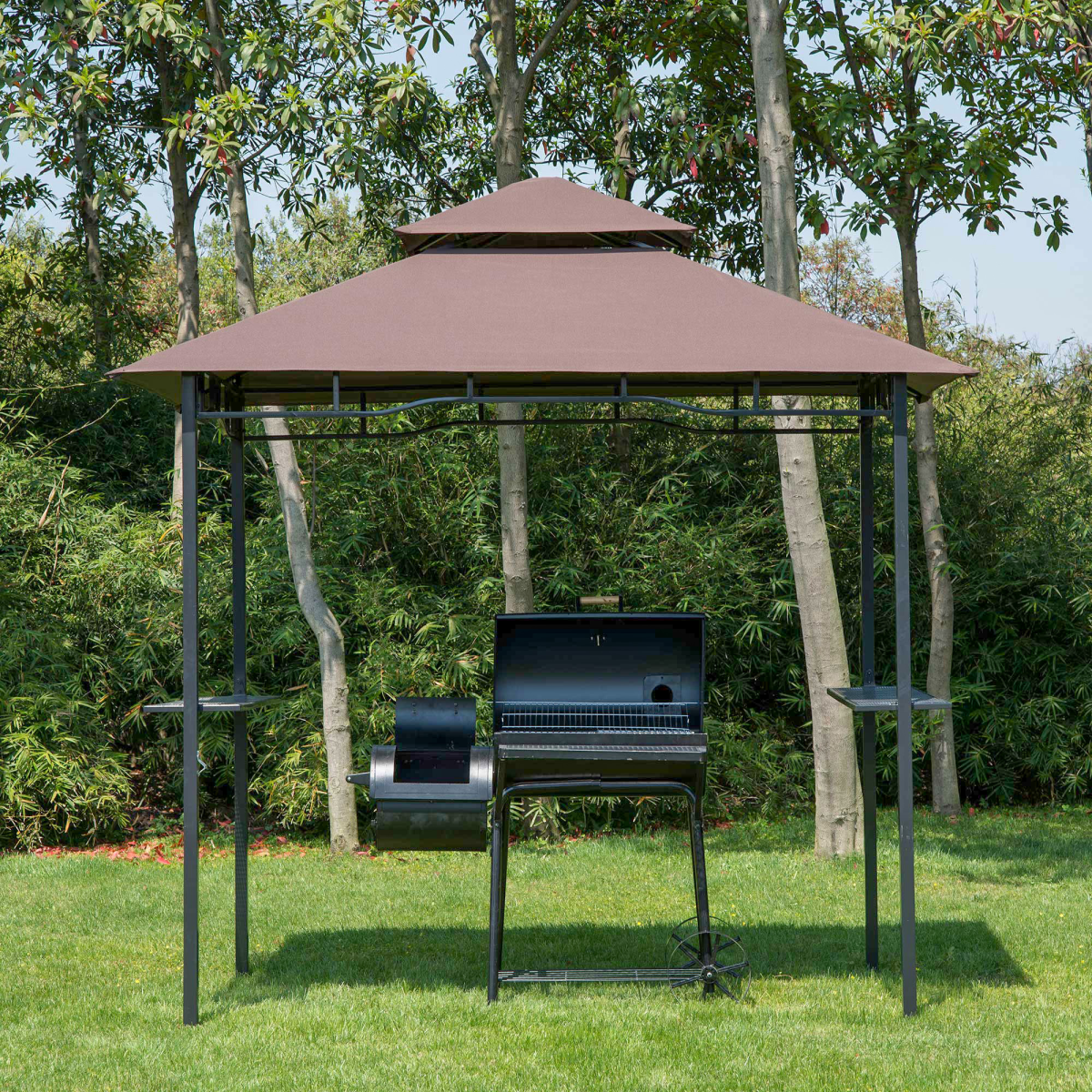 Grill Gazebo with Double-Layer Canopy, Steel Frame, Mesh Shelves and Bottle Opener