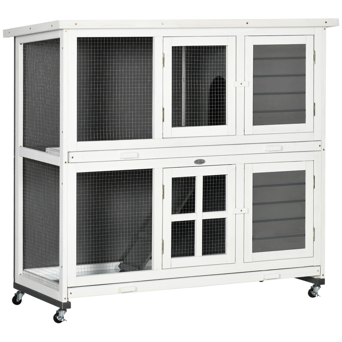 PawHut Wooden Two-Tier Rabbit Hutch with Wheels, Removable Trays, Lockable Doors, Grey