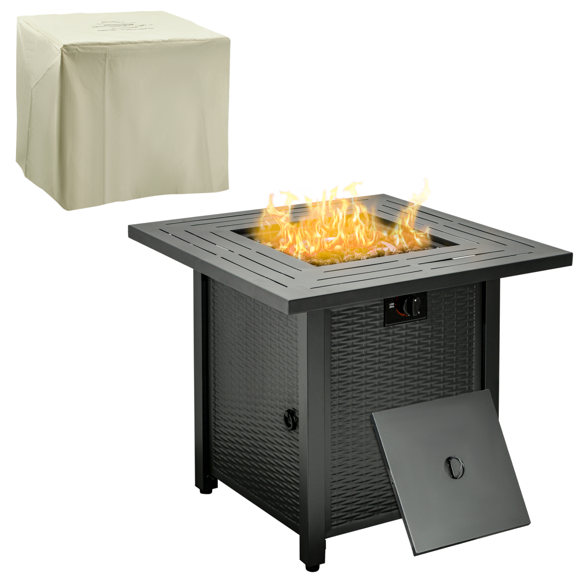 Outsunny Square Propane Gas Fire Pit Table, 40000 BTU Stainless Steel Burner, Pulse Ignition, Lava Rocks, Lid, Rattan Patio Heater