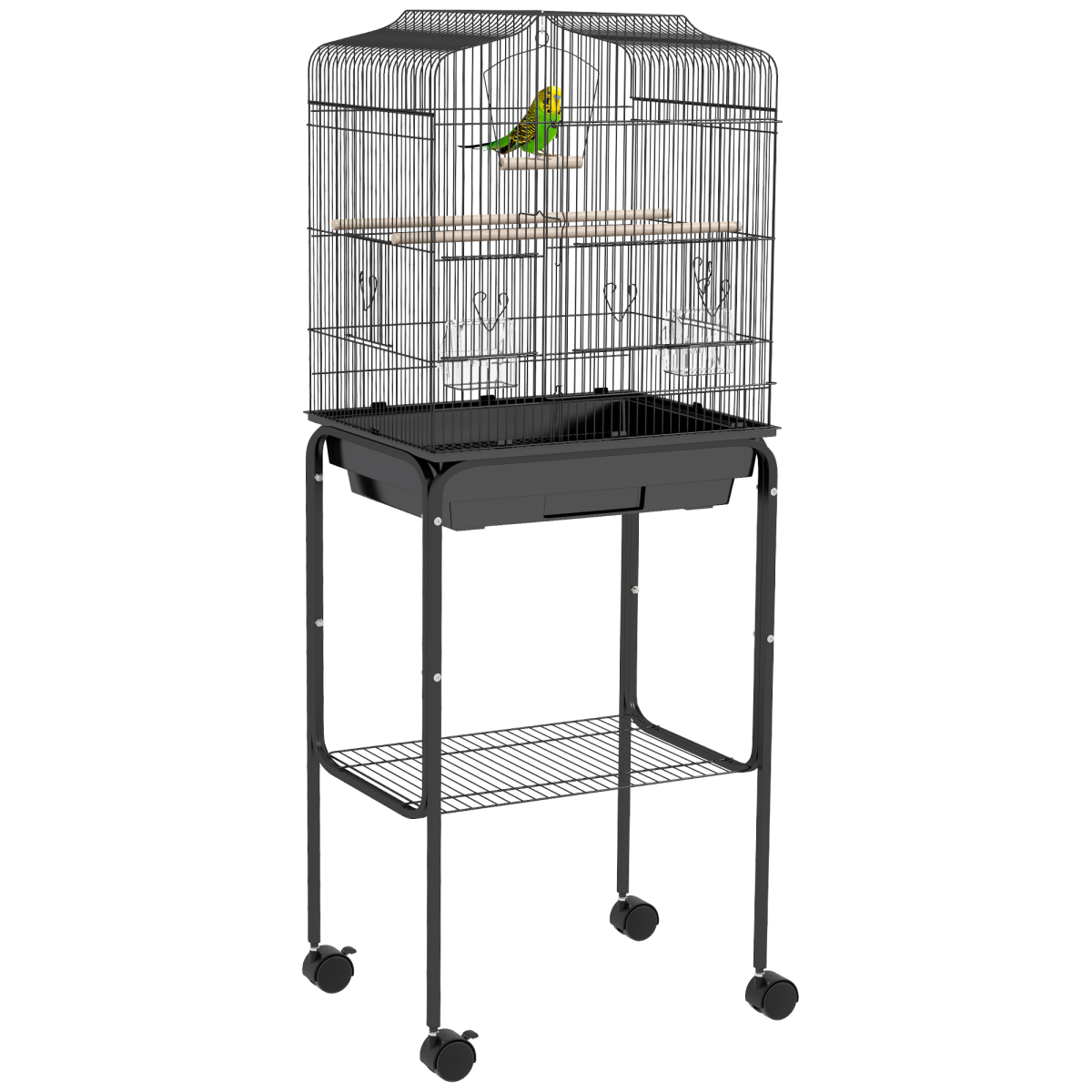 PawHut Bird Cage with Stand, Tray and Wheels for Small Birds, Black