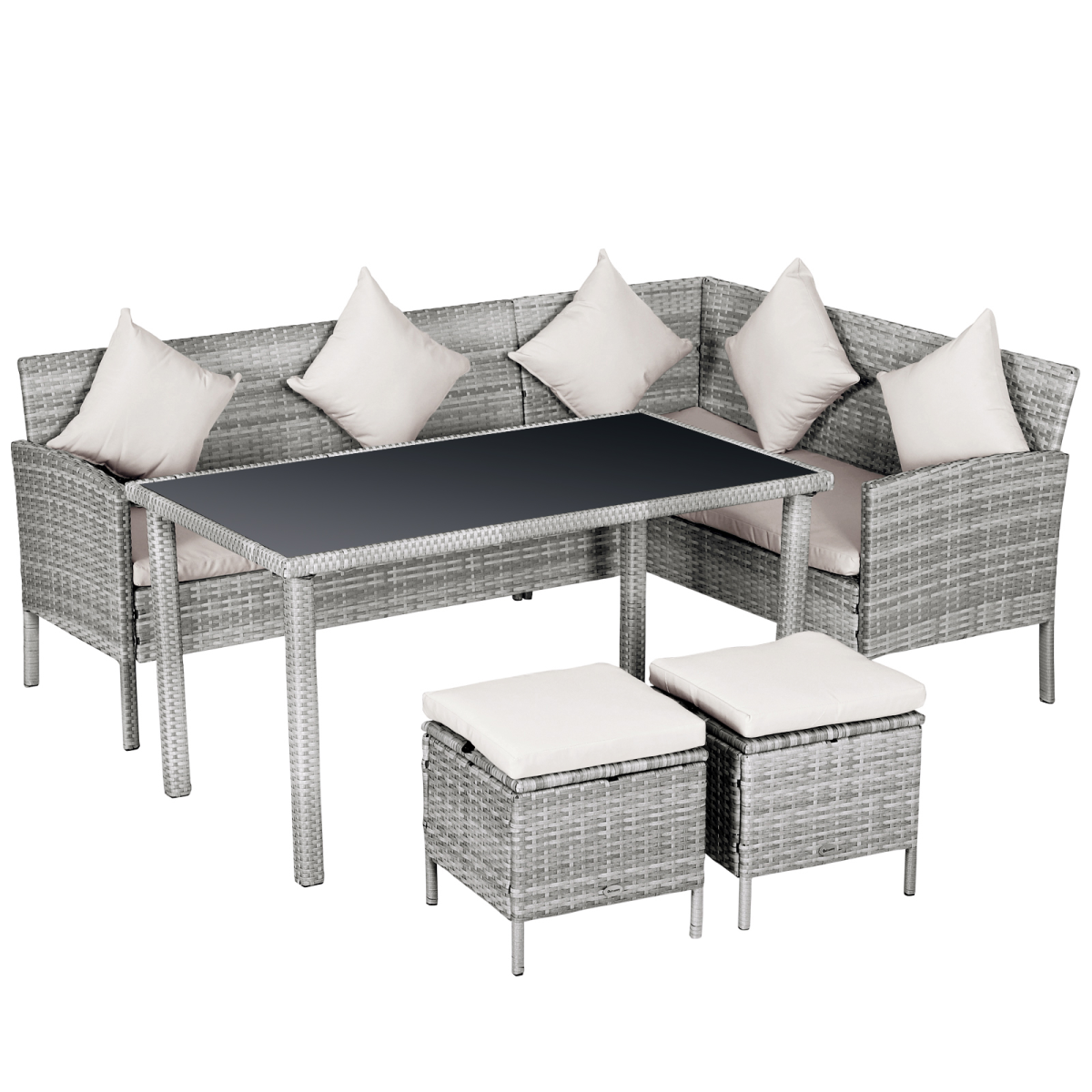 Outsunny 5-Piece Rattan Wicker Outdoor Patio Dining and Lounge Set with Table, Stools and Chaise Lounges