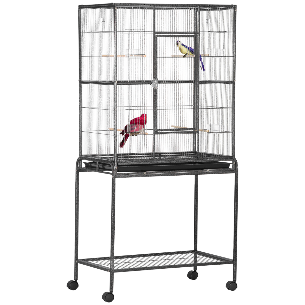 Pawhut Rolling Bird Cage with Detachable Stand, Storage Shelf, Wooden Perches, Food Containers