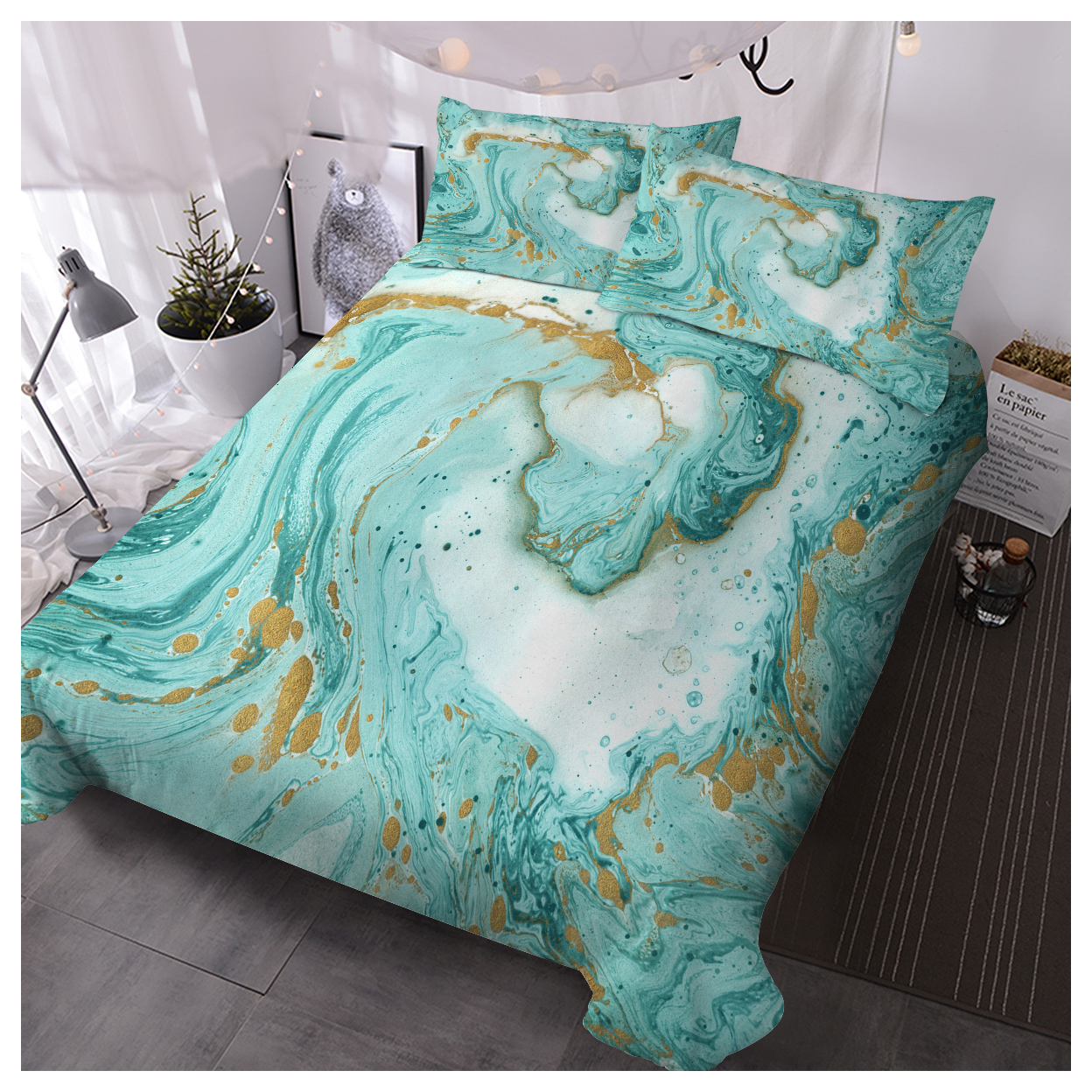 Chic Girly Marble Duvet Cover Set Mint Gold Glitter Turquoise Abstract Aqua Teal Blue