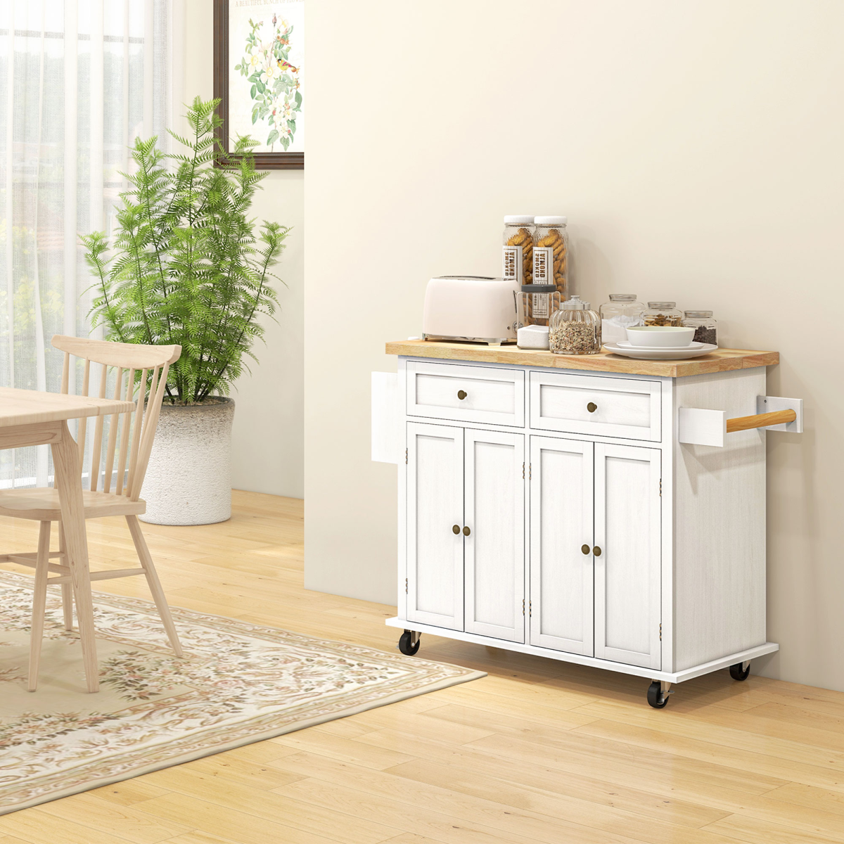 Kitchen Island Storage Cabinet with 2 Drawers, Cabinets, Towel Bar and Spice Rack