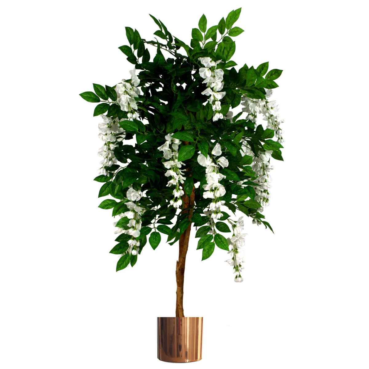130cm Artificial Wisteria Tree with White Flowers, Premium Range, Real Wood Trunk, Metal Planter