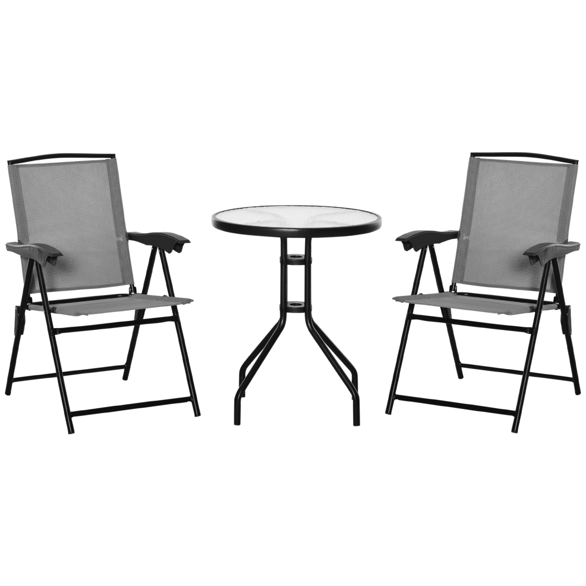 Grey Patio Bistro Set with Folding Chairs and Tempered Glass Coffee Table for Balcony, Outsunny