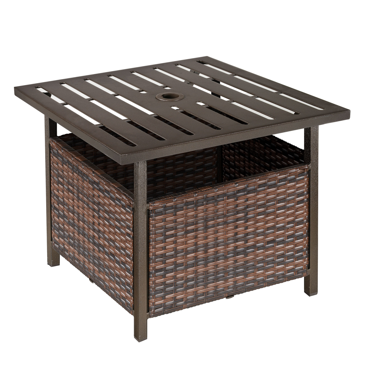 Outsunny Outdoor Rattan Coffee Table with Umbrella Hole & Storage