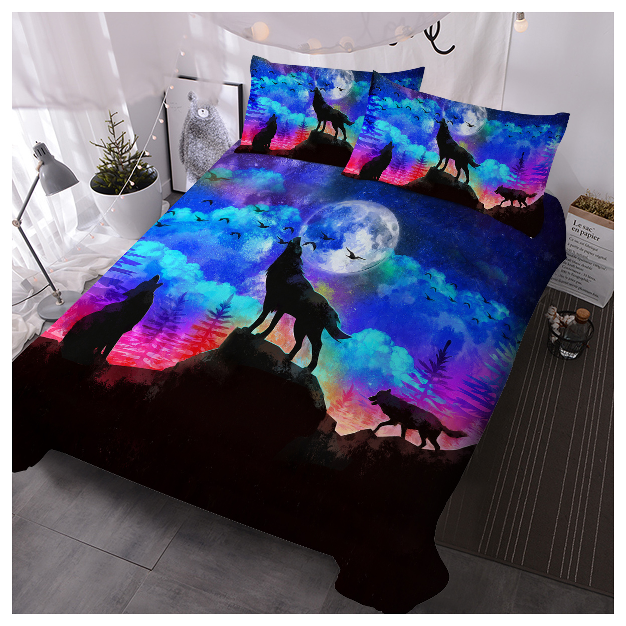 Moon Wolf Double Duvet Cover Set 3 Pieces Colorful Microfiber Kids Bedding Set