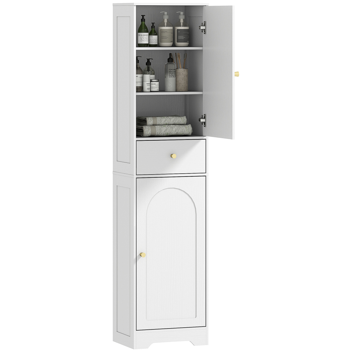 HOMCOM Tall White Bathroom Storage Cabinet with Arch Doors & Drawer