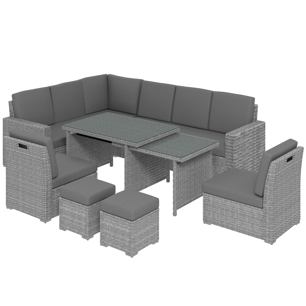 Outsunny 7-Piece 10-Seater Sofa Sectional Set with Cushions, Footstools and Glass Table