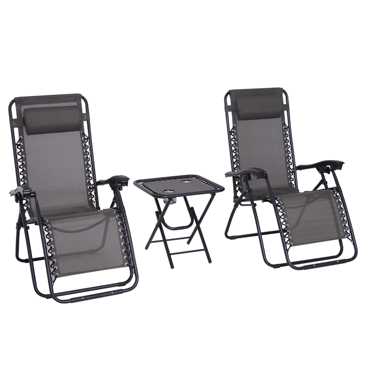 3-Piece Zero Gravity Sun Lounger Set with Side Table and Cup Holders, Dark Grey