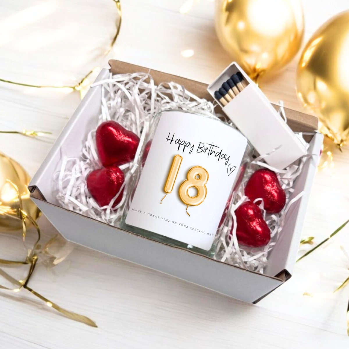 18th Birthday Gold Balloons Candle Gift Set with Chocolates and Matches