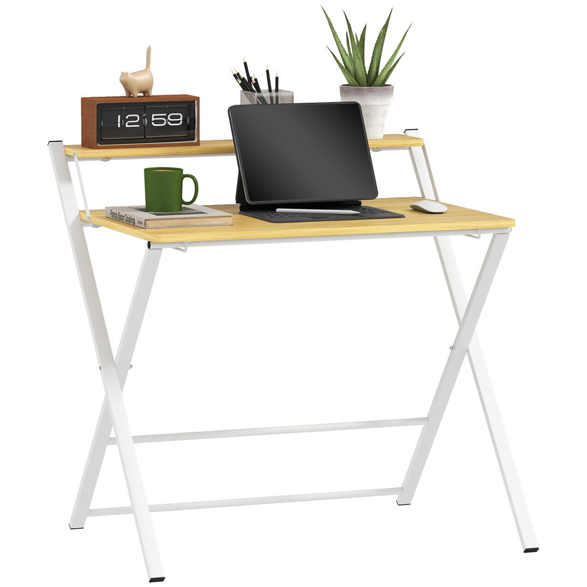 HOMCOM Folding Desk with 2-Tier Shelf, Maple Wood-Effect