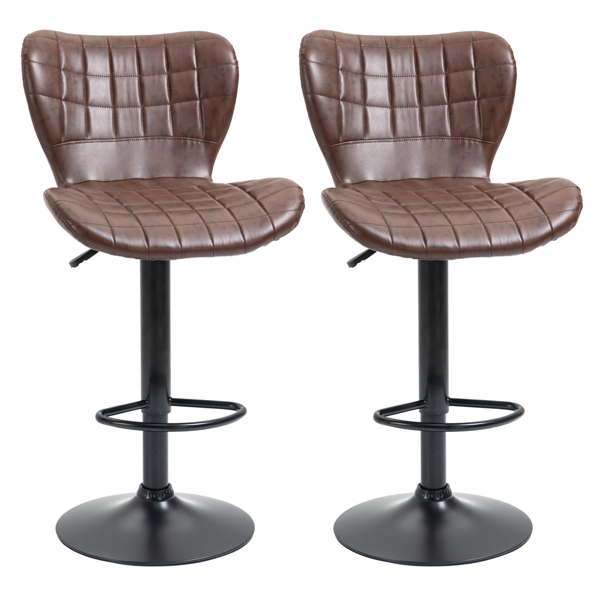 HOMCOM Set of 2 Adjustable Height Swivel Bar Stools with Backrest, PU Leather, Brown