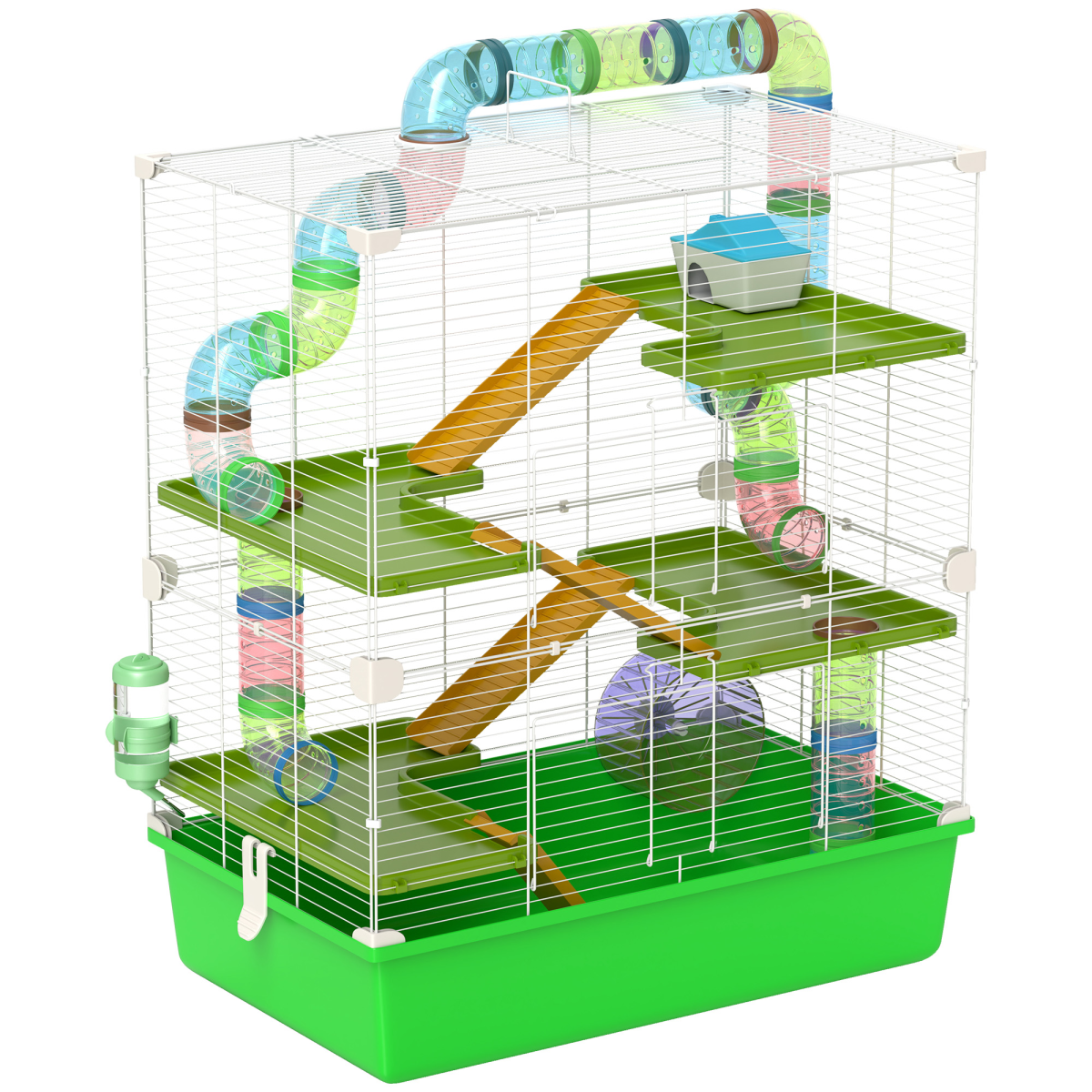 PawHut Hamster Cage with Wheel, Tubes, Ramps & Water Bottle - Green