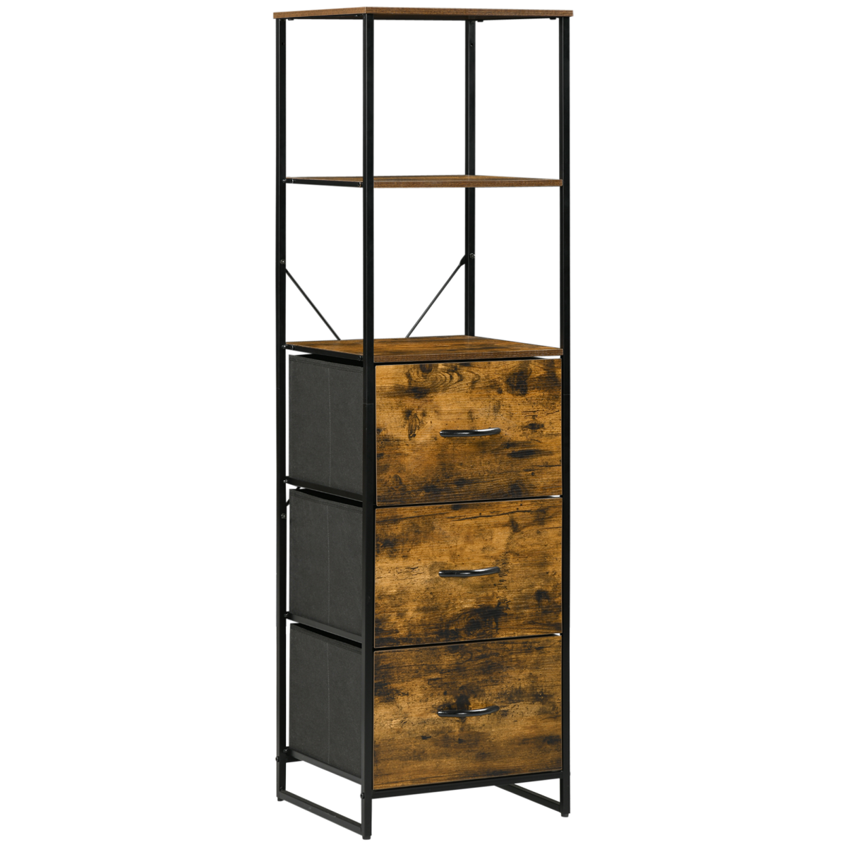 Industrial Storage Cabinet with 2 Shelves and 3 Fabric Drawers Rustic Brown