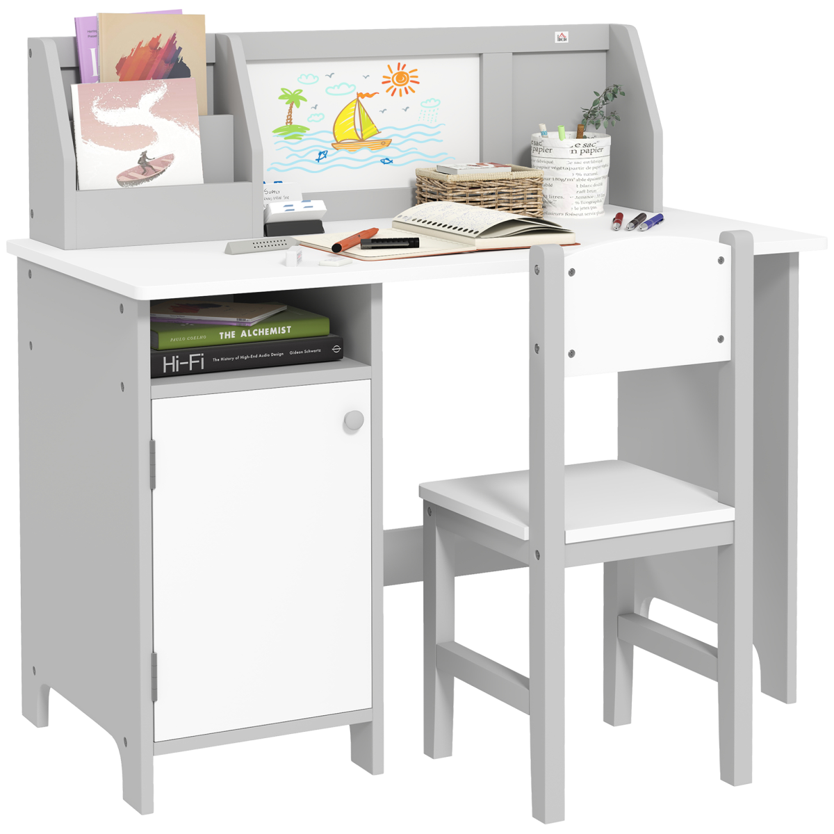 Children's Desk and Chair Set with Whiteboard Storage - Grey