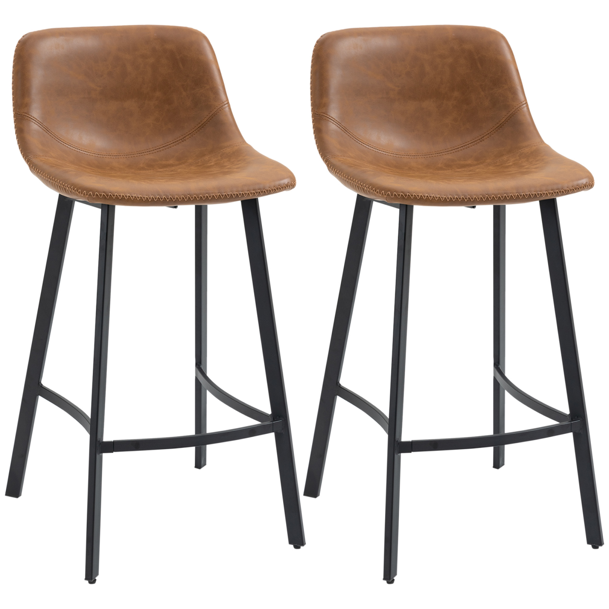 HOMCOM Set of 2 Industrial Bar Stools with Steel Legs and Faux Leather Seats, Brown