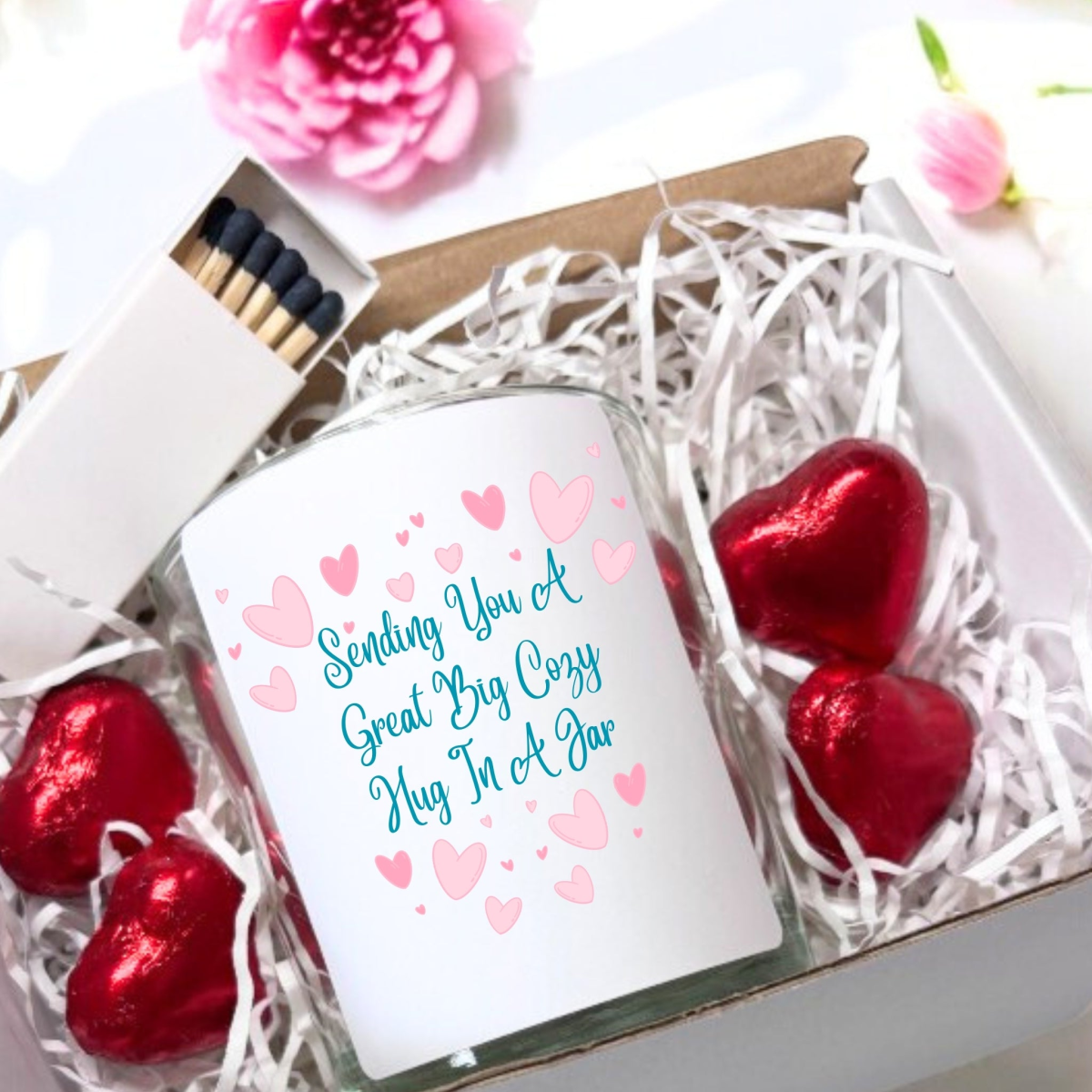 Sending You A Great Big Cozy Hug In A Jar Candle Gift Set with Chocolates and Matches