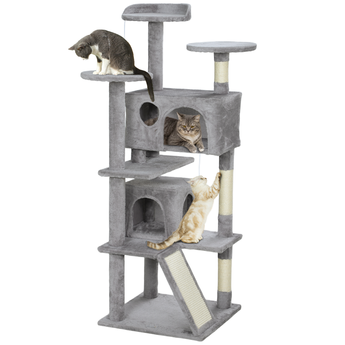 PawHut 138cm Cat Tree with Condos, Bed and Scratching Posts, Light Grey
