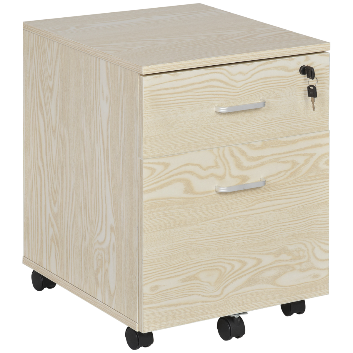 2-Drawer Locking Office Filing Cabinet with 5 Wheels, Oak Finish, Rolling Storage Cabinet